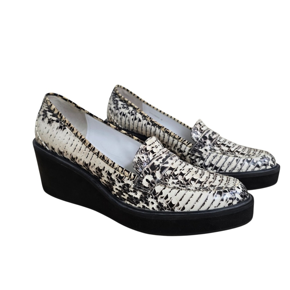 3.1 Phillip Lim Snake Embossed Leather Platform Wedge Loafers Cream Black Sz 38